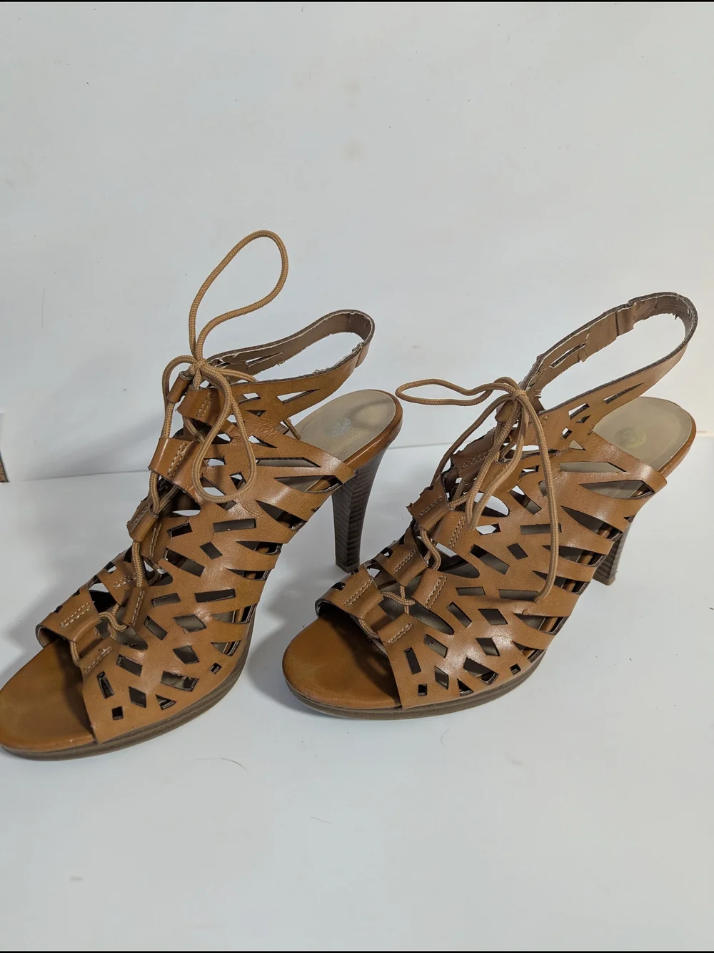 CP Shades Tan Laser-Cut Lace-Up High Heel Sandals